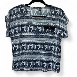 Boho Elephant Print Blue Navy Striped Cap Sleeve T-Shirt Women's M